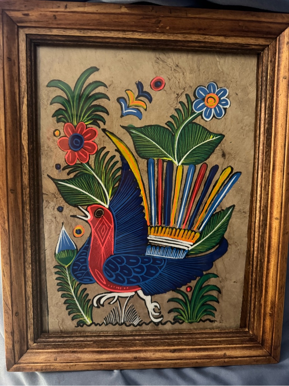 Colorful Mexican Folk Art Bird Painting Framed